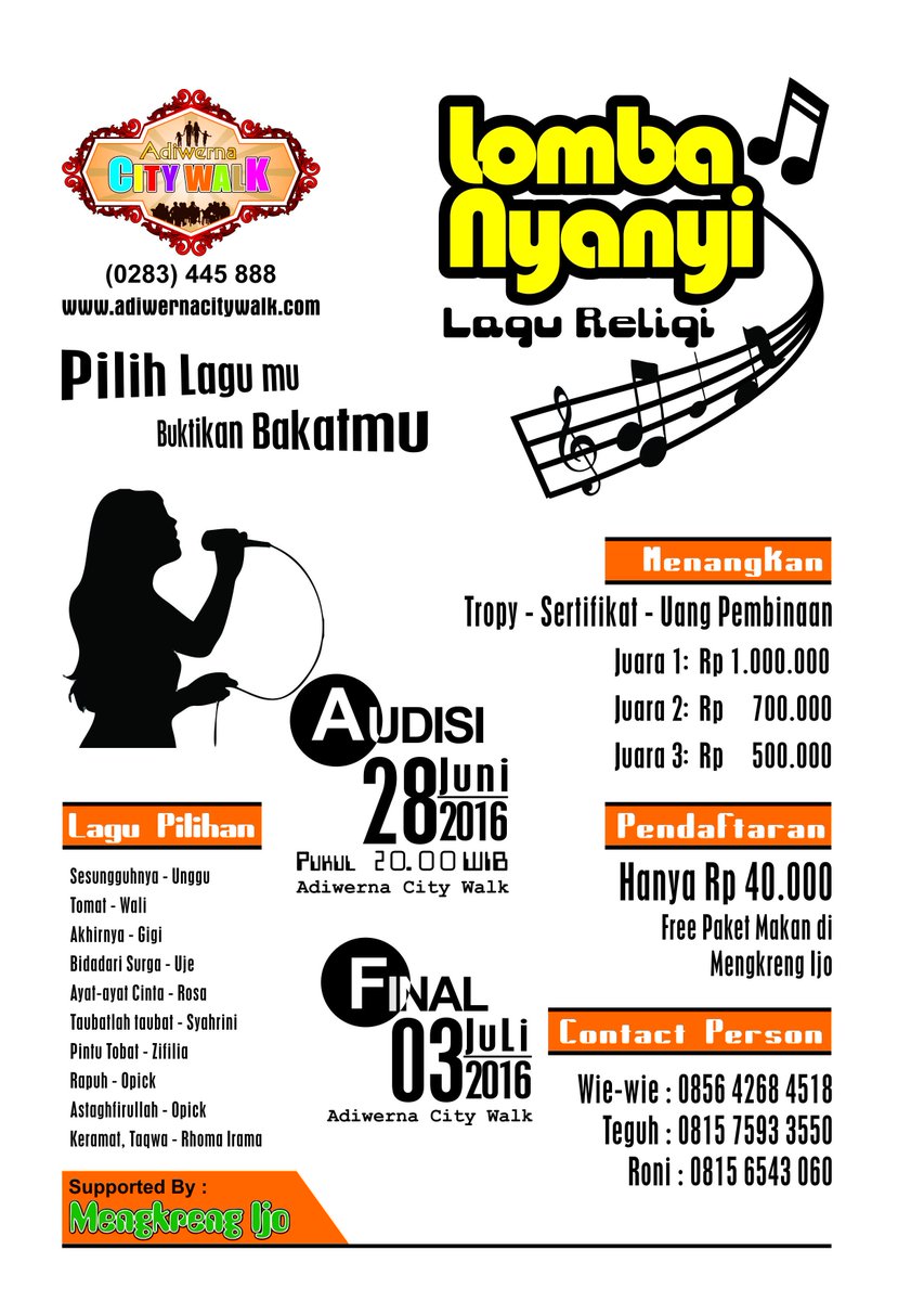 Ayoo kawan, ikuti lomba nyanyi lagu religi
Tunjukkan bakatmu
Raihlah jutaan hadiah
_ACW, "tongkrongane wong tegal"_