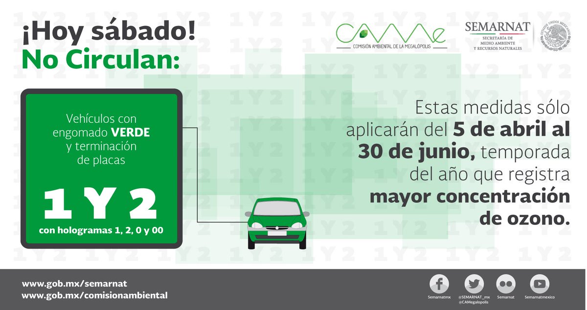 Buen día; 4o sábado de junio #HoyNoCircula vehículos engomado verde, terminación placas 1 y 2, holograma 1, 2, 0, 00