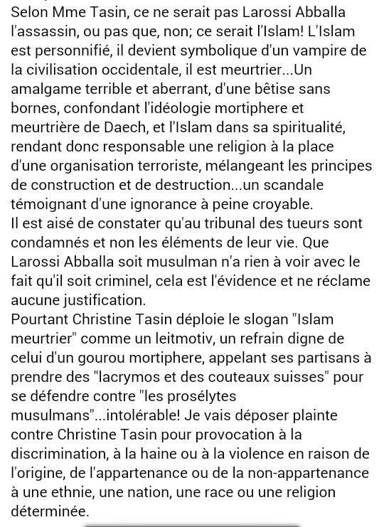 Je depose plainte, avec constitution de partie civile contre #ChristineTasin 
@infohalal_net @LDJMusulmans @oumma