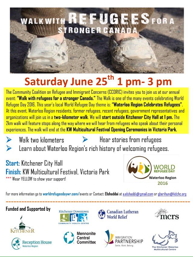 MariaGeleynse's tweet photo. Walk with Refugees for a Stronger Canada - 1-3pm today, ending at @kwmcFestival! #WithRefugees #WorldRefugeeDay https://t.co/AQzmIIrChy