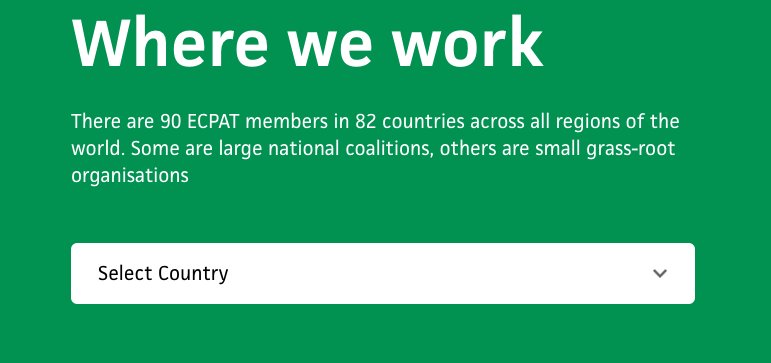 ECPAT's tweet image. Which orgs in your country are working to eliminate Child #SexualExploitation? Locate here: ecpat.org/where-we-work/