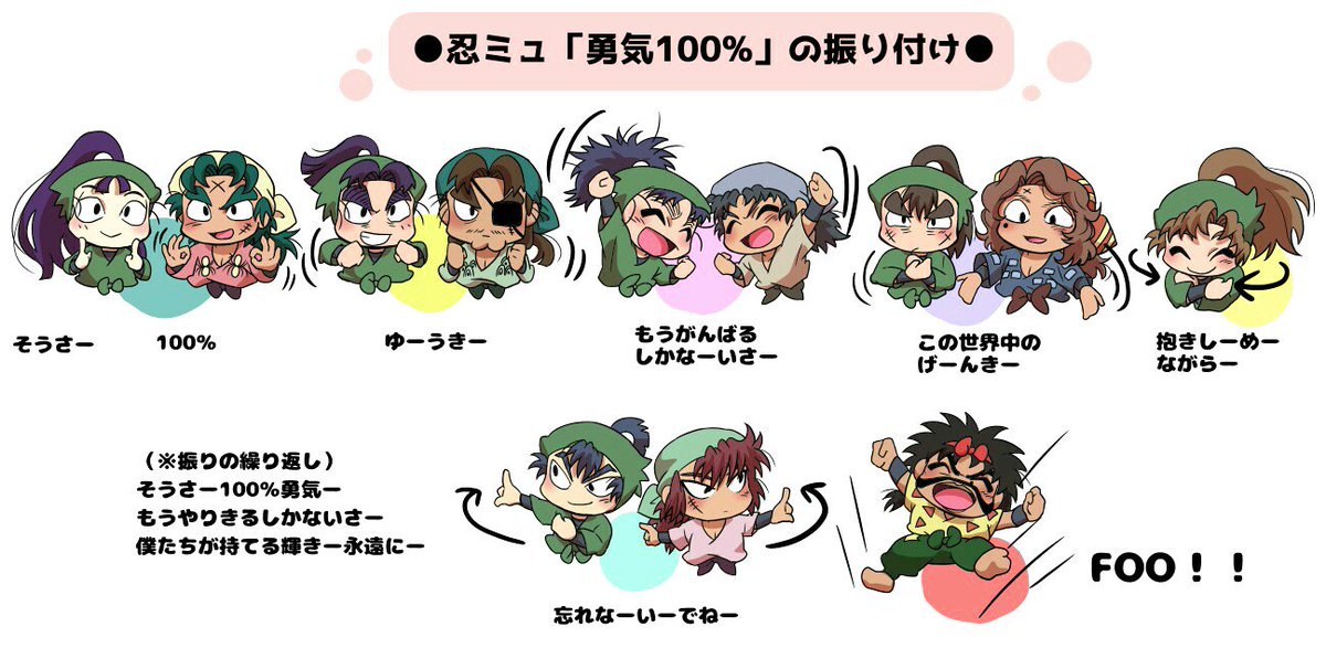 ちよこ On Twitter 忍ミュって最後に必ず 勇気100 をお客さんとキャストさん皆で踊るんだけど 振り付けを事前に知らされないので初見さんが戸惑わないように描いてみました 初めて忍ミュ観に行く人も是非一緒に 楽しいよ Https T Co Qrlbmlc266 Twitter