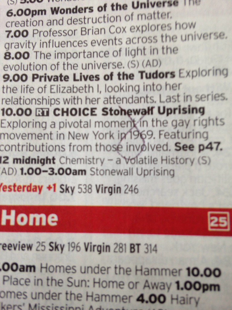 On Yesterday channel 2nite at 10am Stonewall Uprising, a 2 hour must see about gay rights