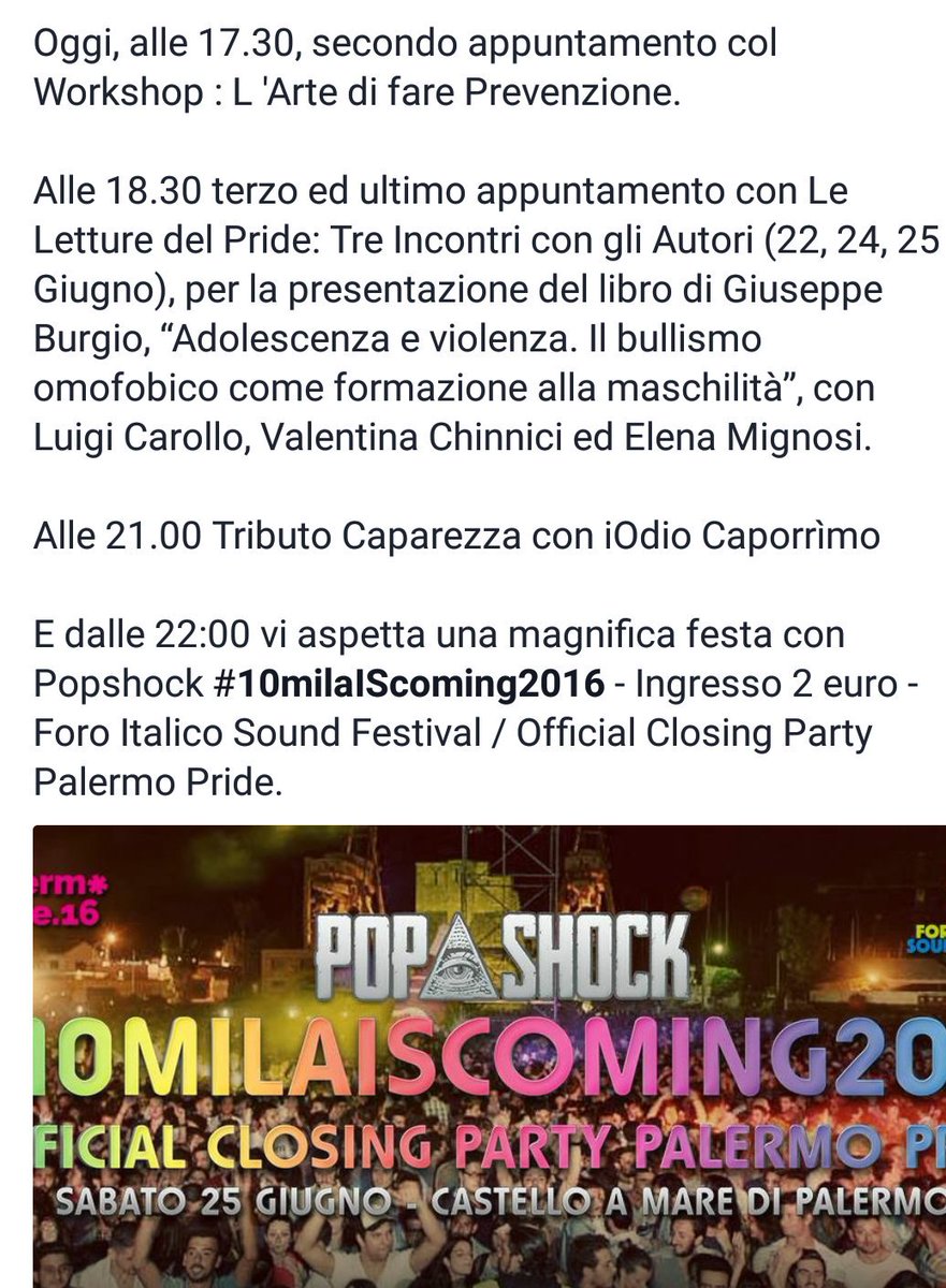 Palermopride's tweet photo. Oggi a #casapride si comincia alle 17.30; alle 22.00 PopShock Official Closing Party, vi aspettiamo! https://t.co/kGJ6j3uJKC