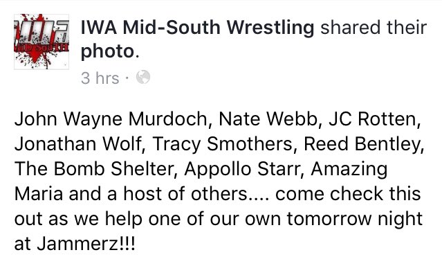 IWAMidSouth's tweet photo. Help us give back to @RanWestWrestlin tonight at Jammerz! @spydernatewebb returns plus so much more! @pwponderings https://t.co/v2GBzcKzU0