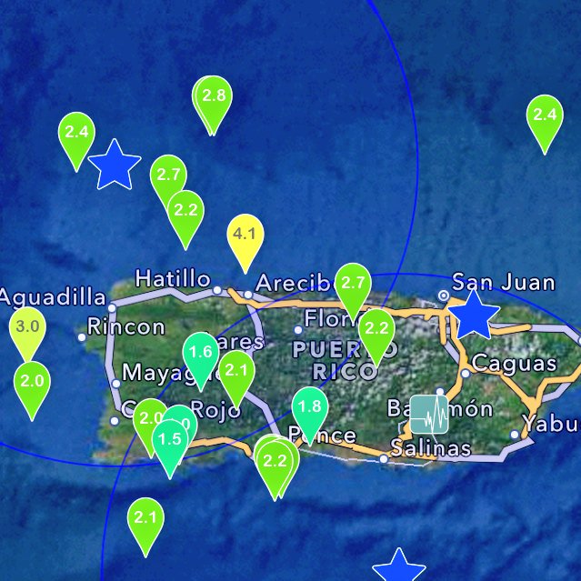 TemblorPR's tweet photo. #TemblorPR MAP #BeforeShock a stronger #earthquake could be expected on the next five days 4.2 to 5.4 M https://t.co/O2za4DxQ4i