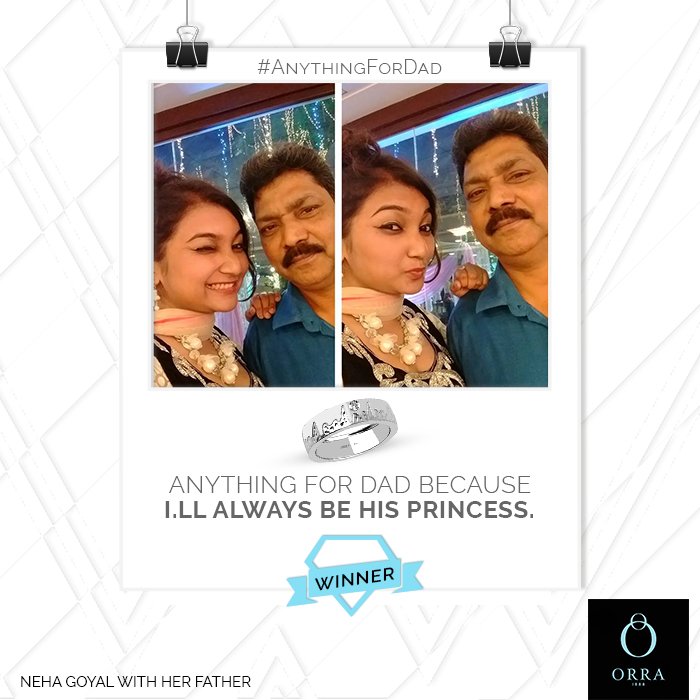 ORRAJewellery's tweet photo. Congratulations Neha Goyal! You've won the #AnythingForDad Contest! Claim your ORRA Voucher worth Rs.10,000/- now! https://t.co/SA1KK9WmyR