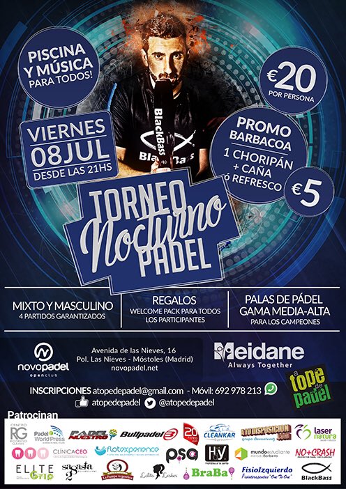 ATopeDePadel's tweet photo. *Últimas Plazas*Torneo Nocturno Viernes 8/7 en @novopadel con choripanes, palones, piscina y música!@EscuelaPozzoni https://t.co/SgXE4sKzZ8