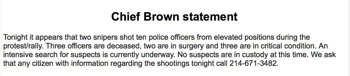 KRLD's tweet image. #BREAKING: 3 officers deceased.  10 shot according to DPD Chief Brown. Two snipers fired shots.