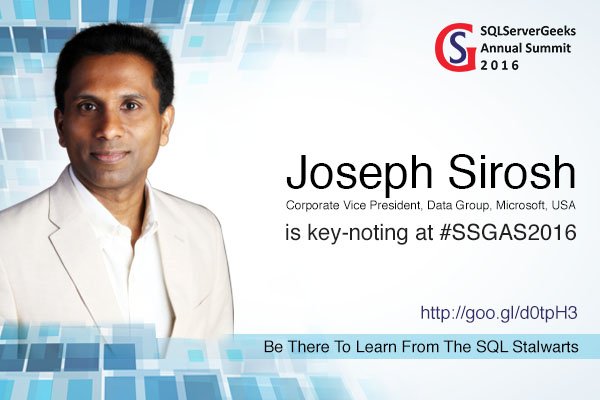 jenstirrup's tweet image. #SQLServerGeeks India keynote - Microsoft CVP #Data Grp @josephsirosh sqlservergeeks.com/ssgas-2016-key…
#SSGAS2016 c u there!