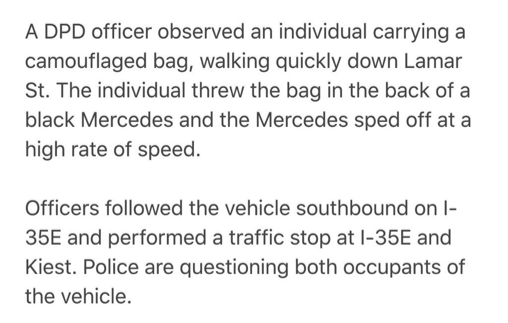 ABC's tweet photo. NEW: Dallas police 'questioning both occupants' of a Mercedes officers pulled over on I-35. https://t.co/wxCwtR3iIE https://t.co/vmreir2hUp