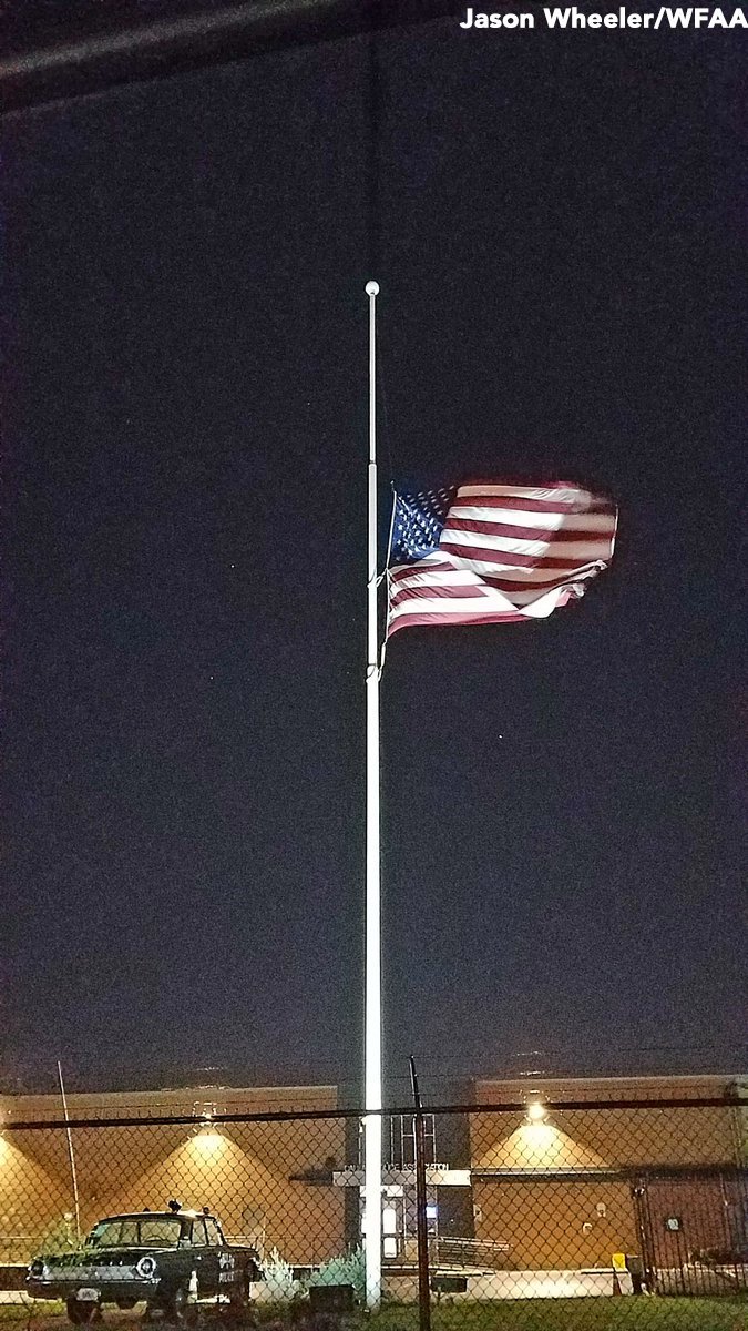 GMA's tweet image. Flag lowered to half-staff outside the #Dallas Police Association tonight: abcn.ws/29TKz6V