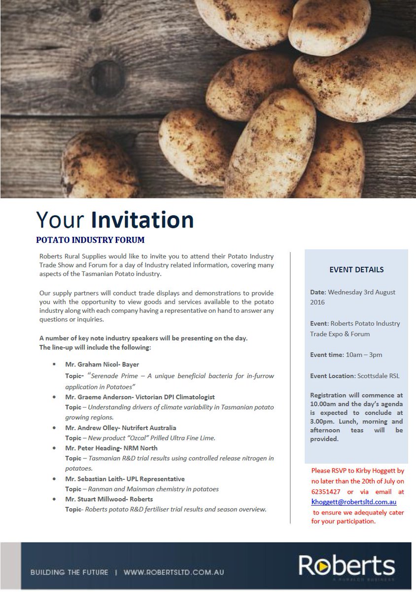 RobertsRural's tweet photo. Join us for our annual Potato Industry Trade Show &amp; Forum on August 3, at Scottsdale RSL. https://t.co/YpUHfE7UaF