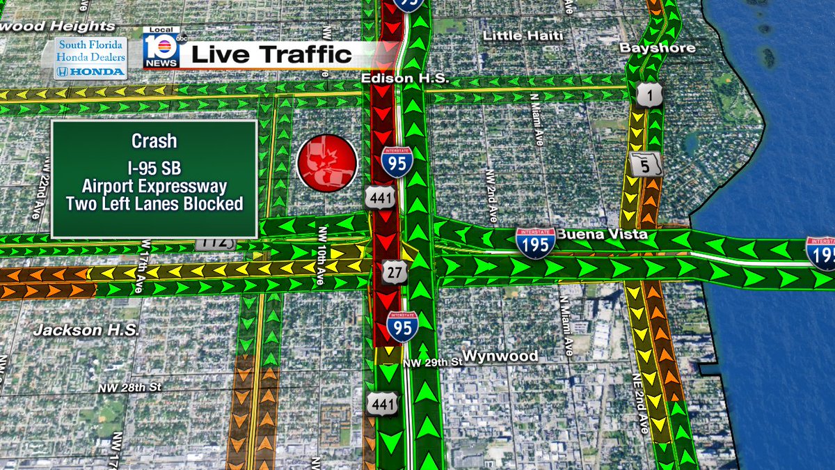 CRASH: I-95 SB & Airport Expressway. Two lanes blocked, expect delays. #TRAFFIC #MIAMI https://t.co/Qj6vPYmYNa
