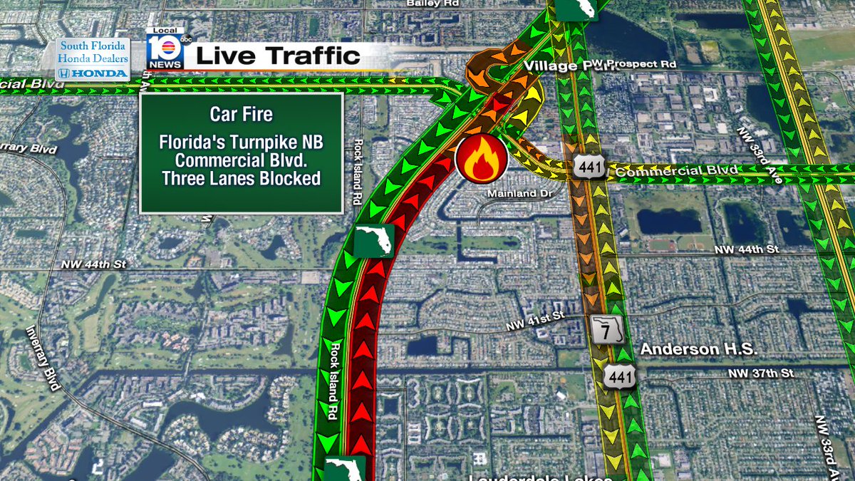 UPDATE: 3 lanes blocked on Florida's Turnpike NB & Commerical Blvd. Delays stretch back to I-595. #TRAFFIC https://t.co/HZ6ppIIG3H