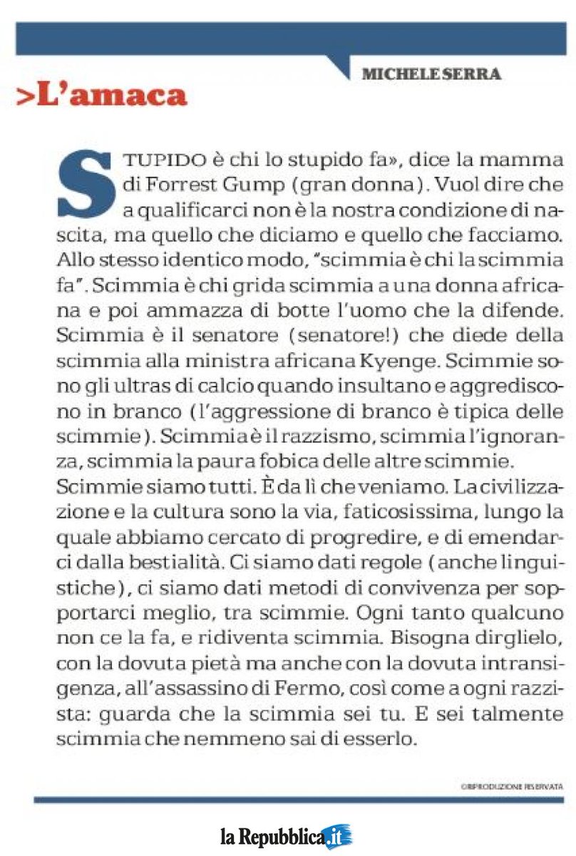 repubblica's tweet photo. "Scimmia è il razzismo, scimmia l’ignoranza, scimmia la paura fobica delle altre scimmie" L'Amaca di MICHELE SERRA https://t.co/v96ep7zYGh