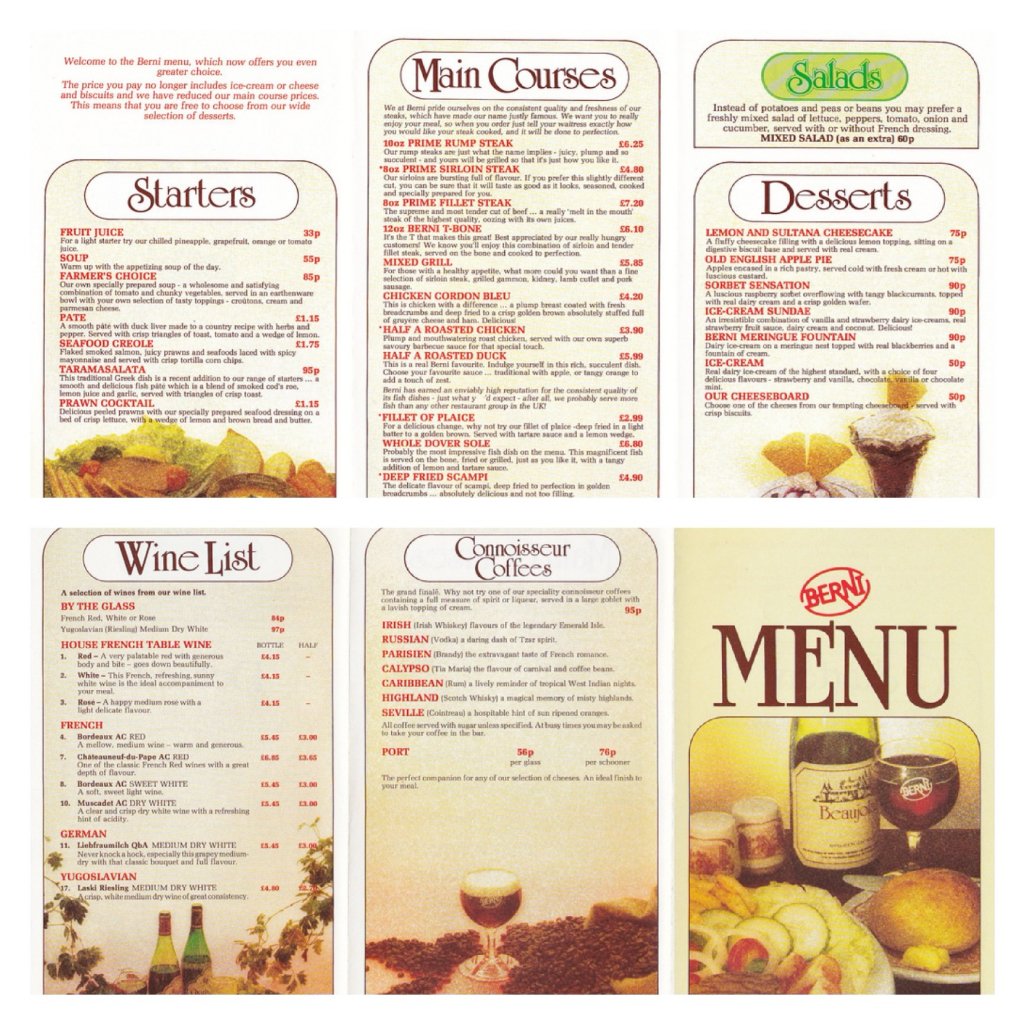 Berni Inn menu