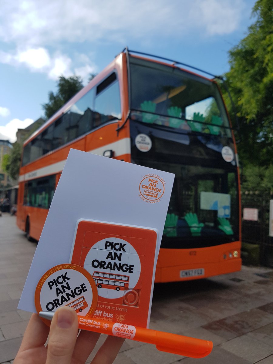 Cardiffbus's tweet photo. We're on Working Street in Cardiff until 13.45 today giving away #PickAnOrange goodies as part of #CTBW https://t.co/dbFfSgHInv
