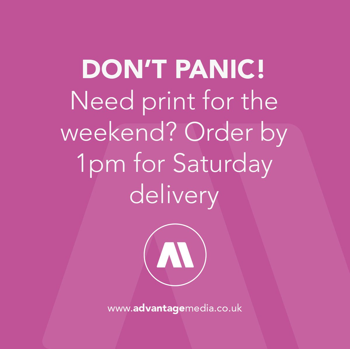 advantagemedia's tweet photo. Need print for tomorrow? Don't panic, you've got until 1pm for saturday delivery at no extra cost! #print #printing https://t.co/iFPiOvYePx