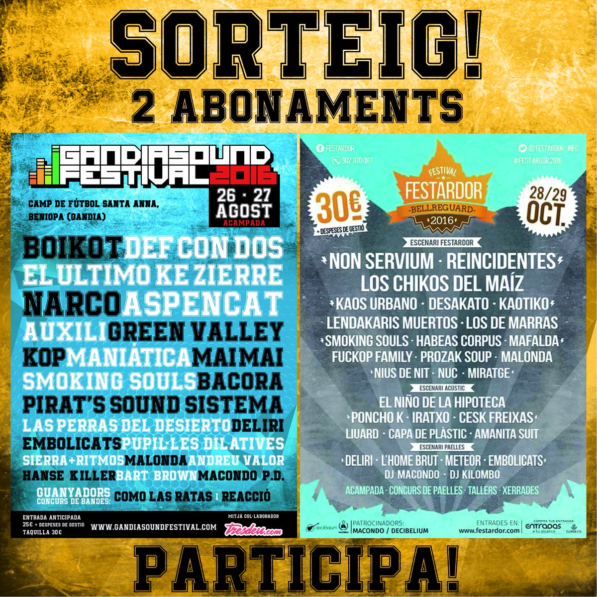 GandiaSoundFest's tweet photo. 🌟SORTEO🌟
Gana las #2entradas que sorteamos. Participa:
✓ Follow a @GandiaSoundFest y a @Festardor_info
✓ RT cartel https://t.co/m6VuHW2dst