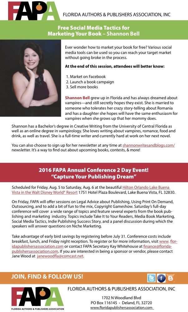 Authors_Florida's tweet photo. FREE social media tactics to market your book! August 5th & 6th. #LakeBuenaVista #FAPAac16 https://t.co/YK4lIc8anz https://t.co/yIr0NnafBB