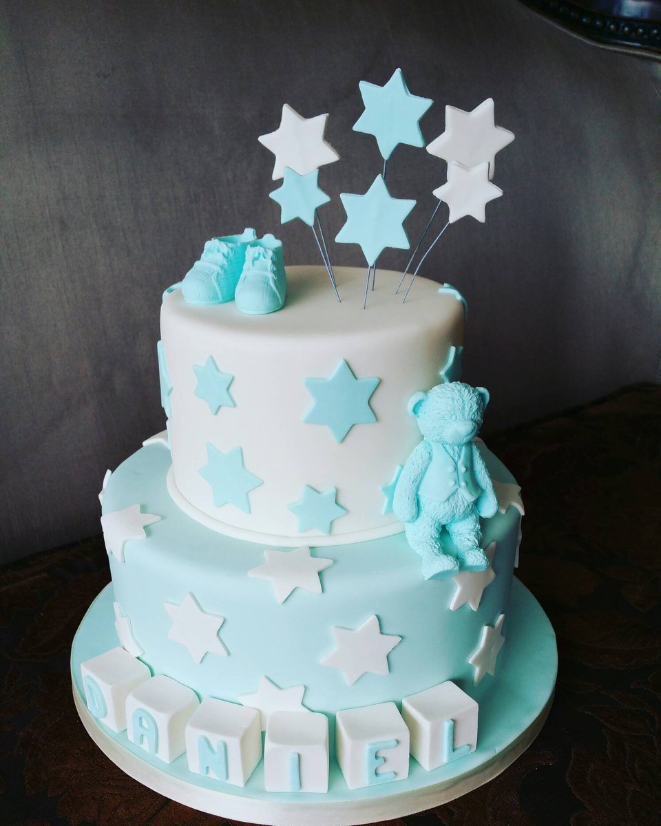 Blue and white baby cake with a bear and booties!   #babycake #bear #babybooties