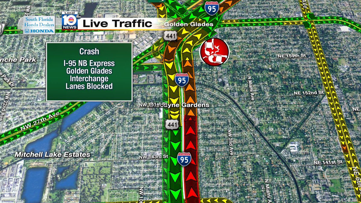 CRASH: I-95 NB Express & Golden Glades Interchange. Lanes blocked, expect delays.  #TRAFFIC #MIAMI https://t.co/q5OHjblnMl