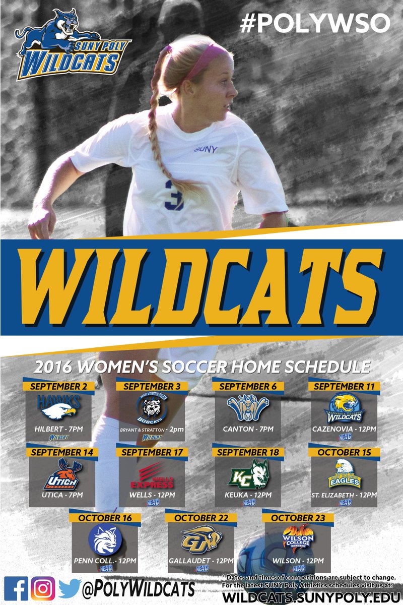 PolyWildcats's tweet photo. The #PolyWSO 2016 home schedule has been announced!!
See https://t.co/ycsPkX1aJs for more info.
#PolyCatNation #NEAC https://t.co/lVM0sNFzYH