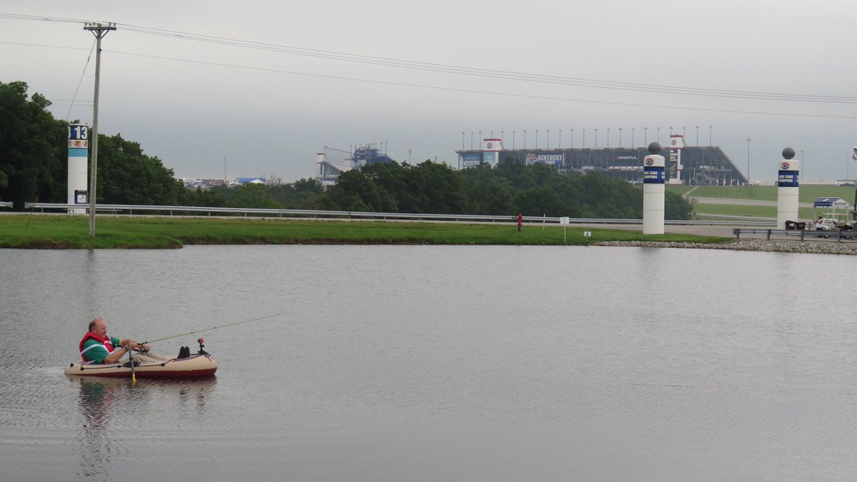 QuakerState's tweet photo. Rain Delay Entertainment: @LarryMac28 went fishing &amp; boating at @KySpeedway this morning. #QS400 https://t.co/GFXnQu9BSn