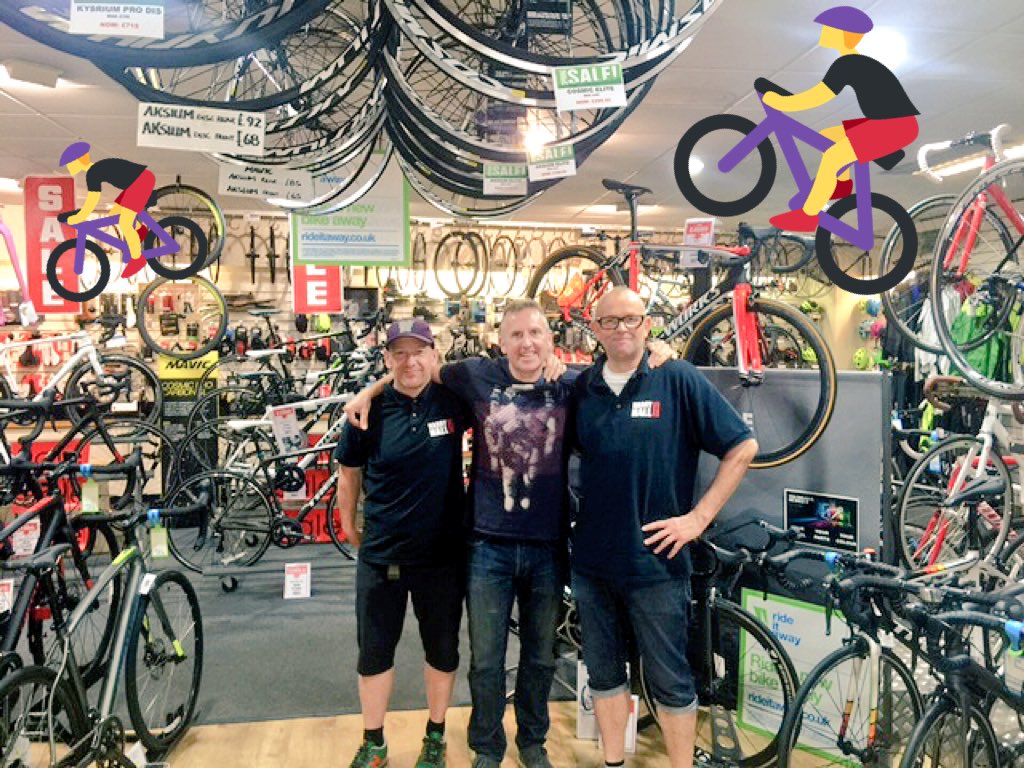 WhistleStopTour's tweet photo. Big thanks to @HarryHallCycles for sorting Jon Moss out today. 4 days to go! #WhistleStopTour https://t.co/A3FKWHm0Tk