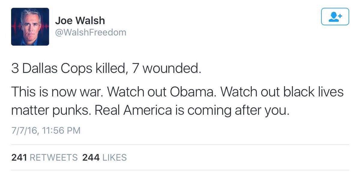 TheRivalHoward's tweet photo. Former US Congressman threatening the President. 3 cops over 100+ blacks in 2016 alone...but NOW it's war and wrong? https://t.co/Q1MbGN3fsR