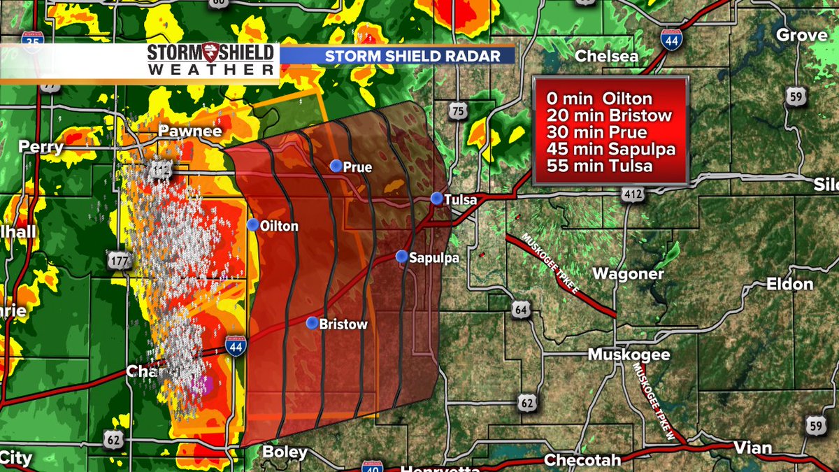 KJRHweather's tweet photo. Storm track on severe storm near Chandler. Should arrive in Tulsa in around an hour. Quarter size hail, 60mph gusts! https://t.co/qZHBDvZLm8