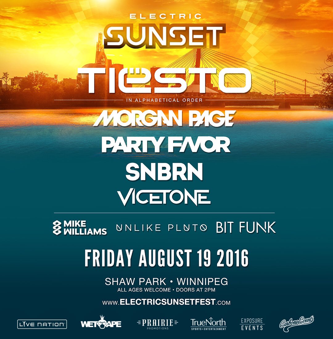 PrairiePromo's tweet image. The @electricsunset_ lineup is here! Ft. @tiesto + many more! Details: electricsunsetfest.com #ElectricSunset2016