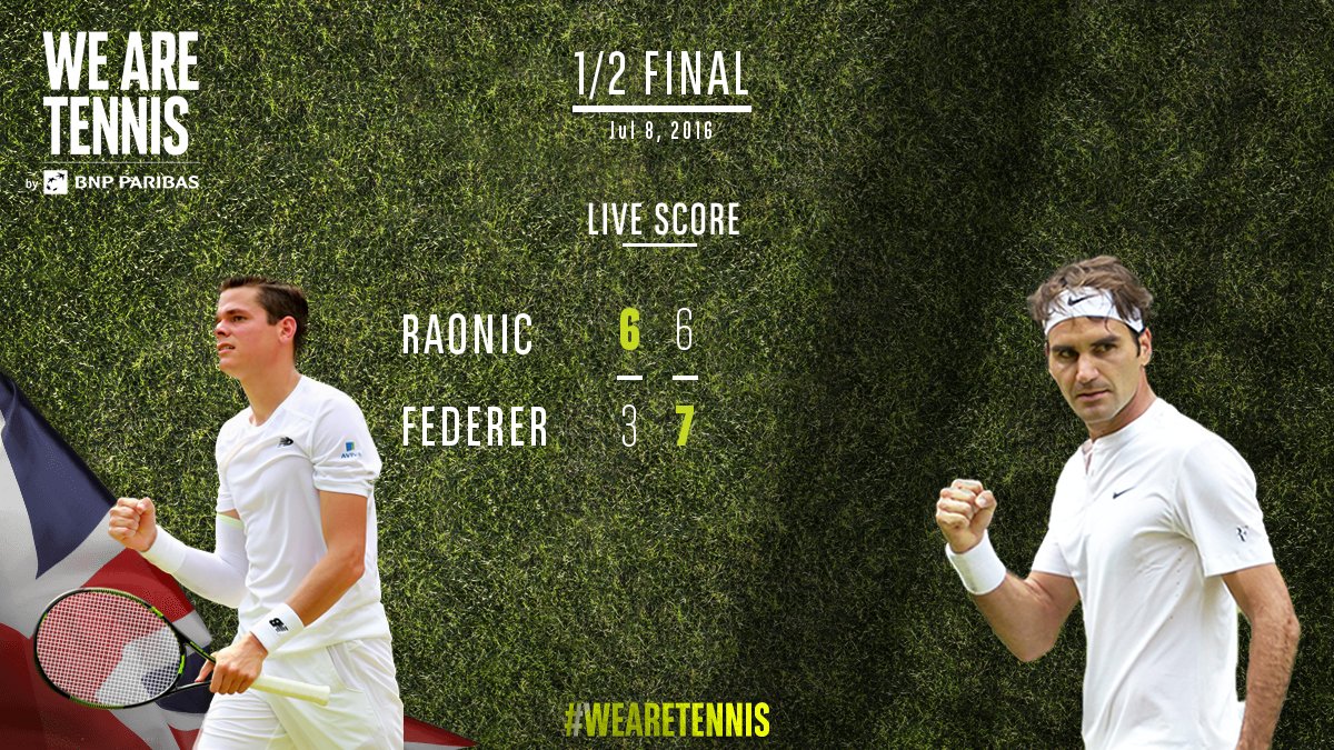Roger Federer gets back on track taking 2nd set tie-break 7-3 over Raonic! #Wimbledon