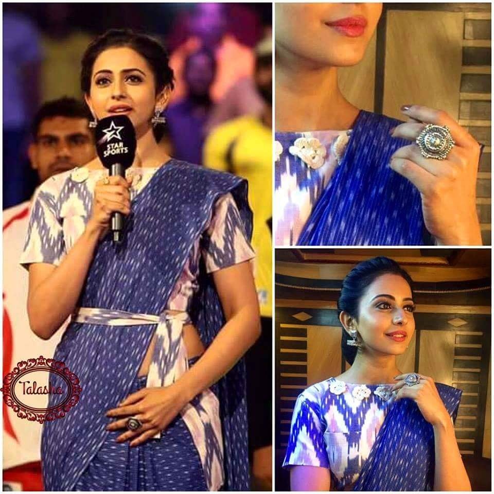 TalashaHYD's tweet photo. @Rakulpreet in pretty ensemble by Preetham,Muse earrings&amp; Ritika Sachdeva ring for #prokabaddi event.Only @Talasha. https://t.co/3Zbp8QfBB9