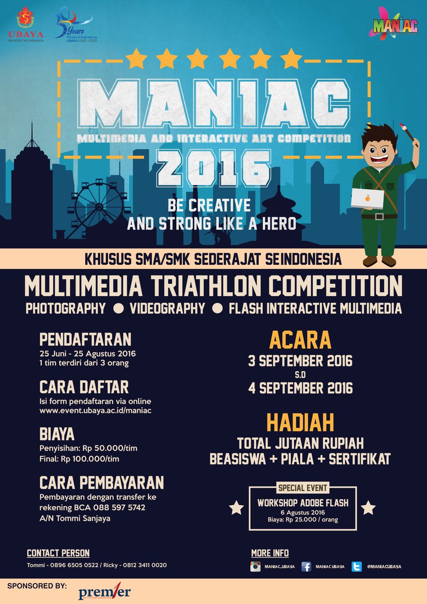 Calling all senior high school students!
MANIAC 2016 is BACK!!! 
Follow up the info : event.ubaya.ac.id/maniac/