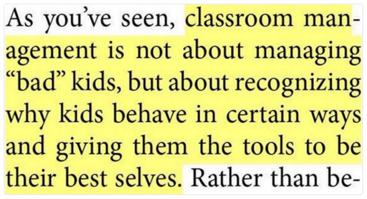 justintarte's tweet photo. Classroom management is not about managing 'bad' kids... via Gianna Cassetta and Brook Sawyer #edchat #education https://t.co/ZeVedmwPsS