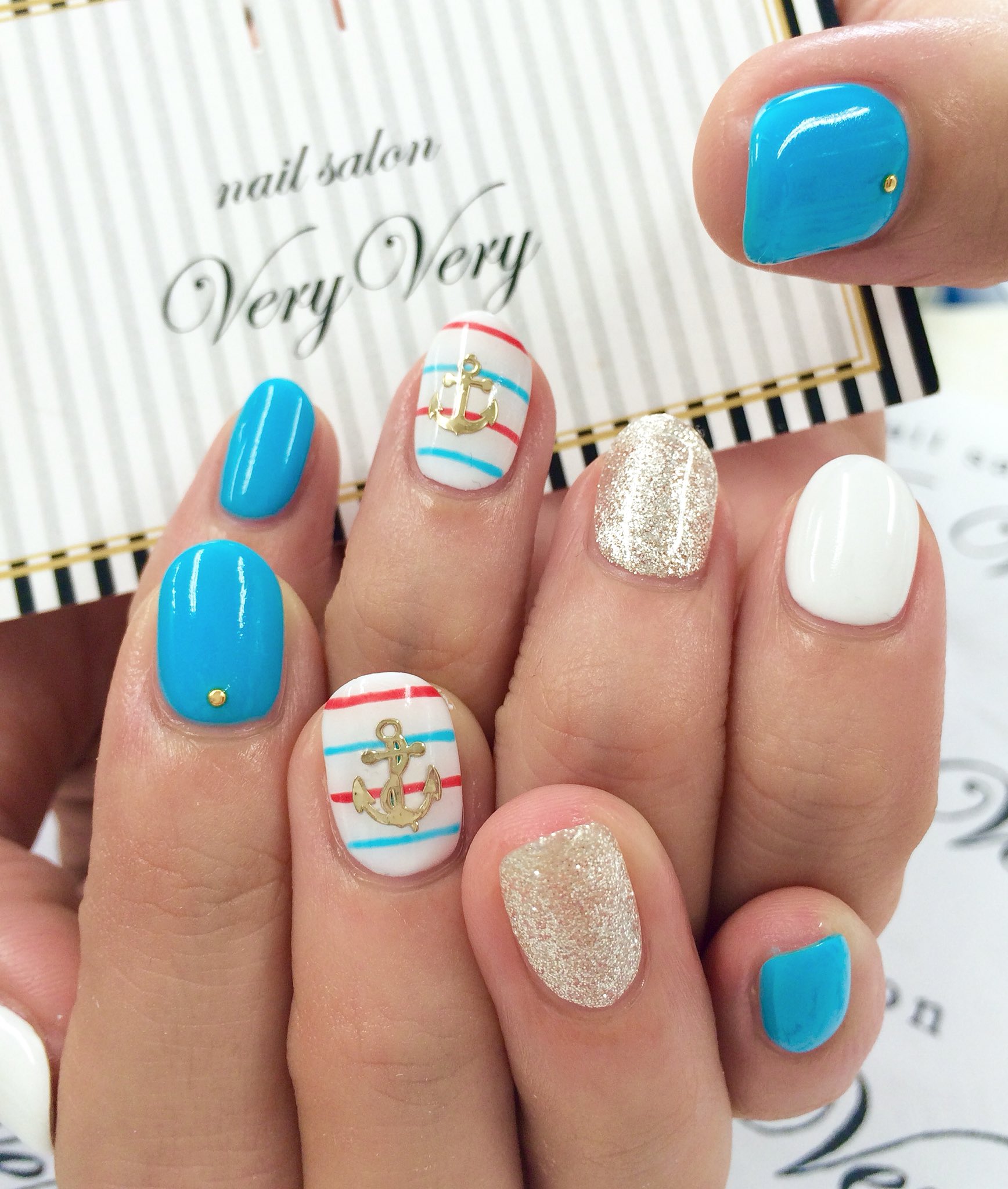ネイルサロンveryvery お客様ネイル マリンボーダー マリンパーツ ネイル 札幌 マリン マリンネイル マリンボーダー マリンボーダーネイル ボーダーネイル マリンパーツネイル マリンパーツ いかり 夏ネイル サマーネイル T Co