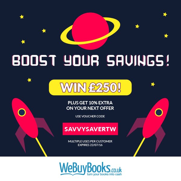 We_Buy_Books's tweet photo. #WIN £250!! RT &amp; FOLLOW to enter! 🚀📚🤑
Ends 21/07/16 competition terms here: 
https://t.co/XMuGEDPIwK https://t.co/xZ4jXRrzet