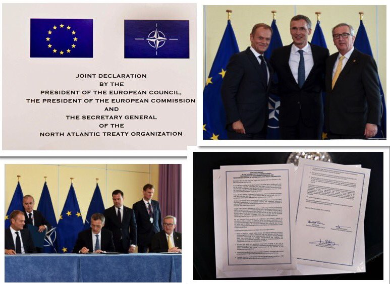 EUintheUS's tweet photo. Historic first ever @NATO-EU joint declaration signed at #NATOSummit | Full text: https://t.co/WZTphW5OqJ #CSDP2016 https://t.co/y6bhwPxypl