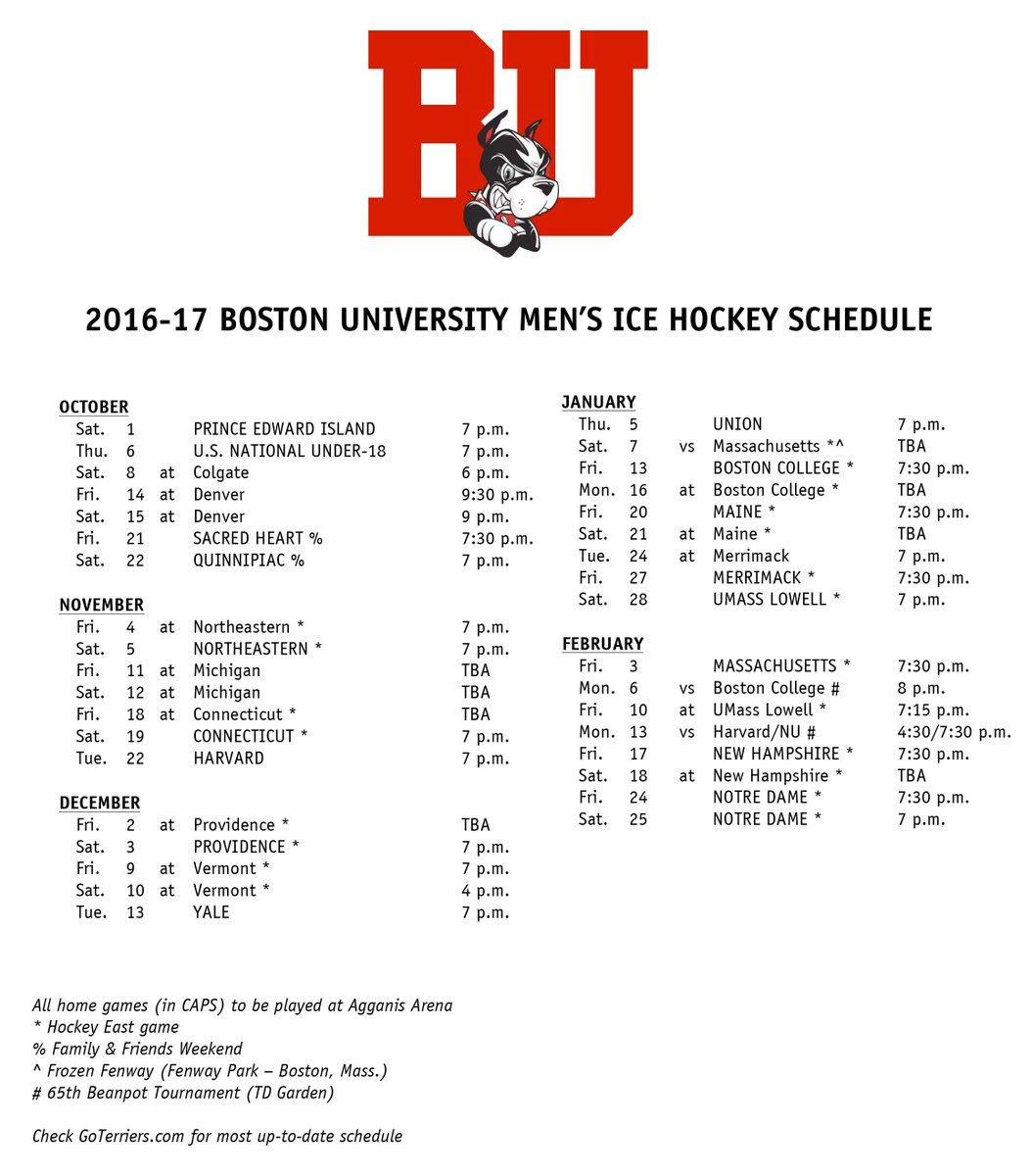 TerrierHockey's tweet photo. Here’s the full schedule for the 95th season of @TerrierHockey! Puck drop will be here before you know it! #GoBU https://t.co/W7pwApxMWY