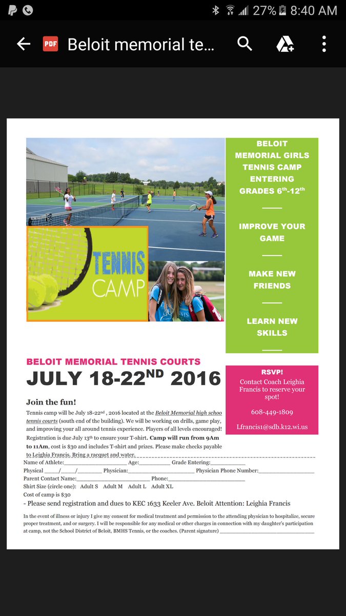 Tennis Camp 6th -12th grade GIRLS must register  <a href="/BeloitMemHS/">Beloit Memorial HS</a> <a href="/BeloitSchools/">Beloit Schools</a> sdb.k12.wi.us/memorial #BELOIT #TENNIS