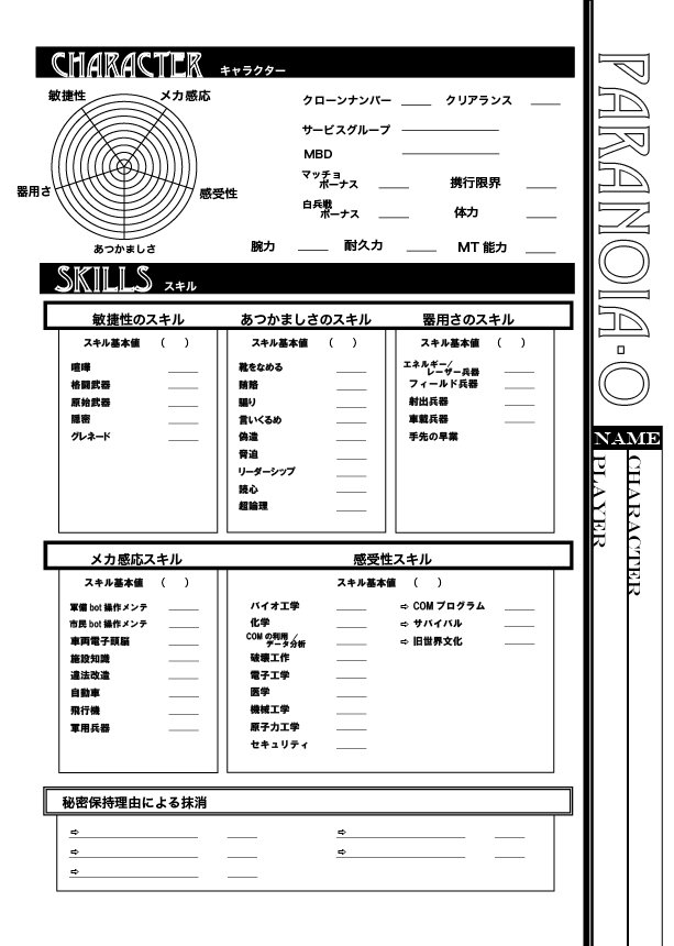 3 على تويتر パラノイア Trpg キャラクターシート 作成しました 良かったら使ってやって下さい レーダーチャートの所は偶数が目盛り 奇数は目盛りの間になってしまいました すいません