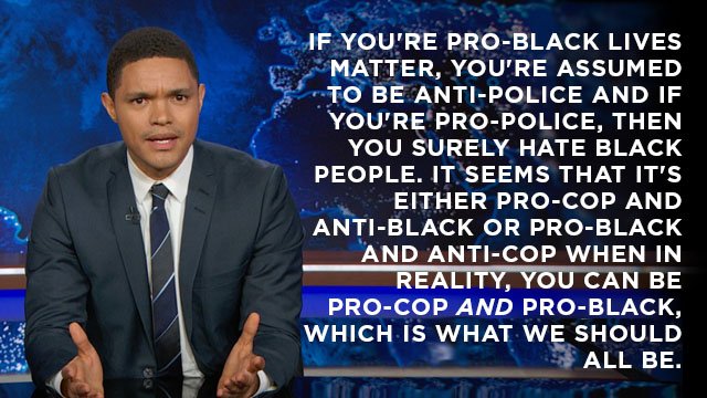 TheDailyShow's tweet photo. Trevor highlights a common misconception in light of the fatal shootings in La. and Minn. https://t.co/8RB1p5BWMM https://t.co/TLwCBA2b1f
