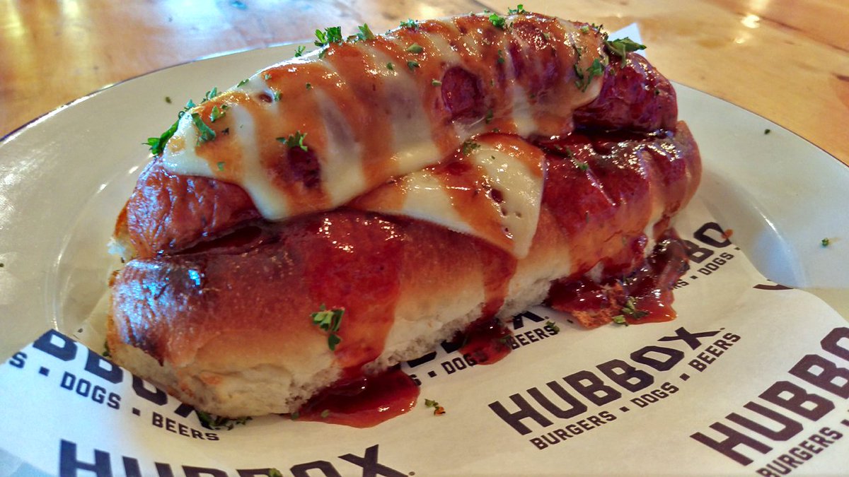 Big Cheese: 100% oak-smoked pork frankfurter caramelised red onion, bacon jam, maple BBQ sauce + cheese #Hubbox