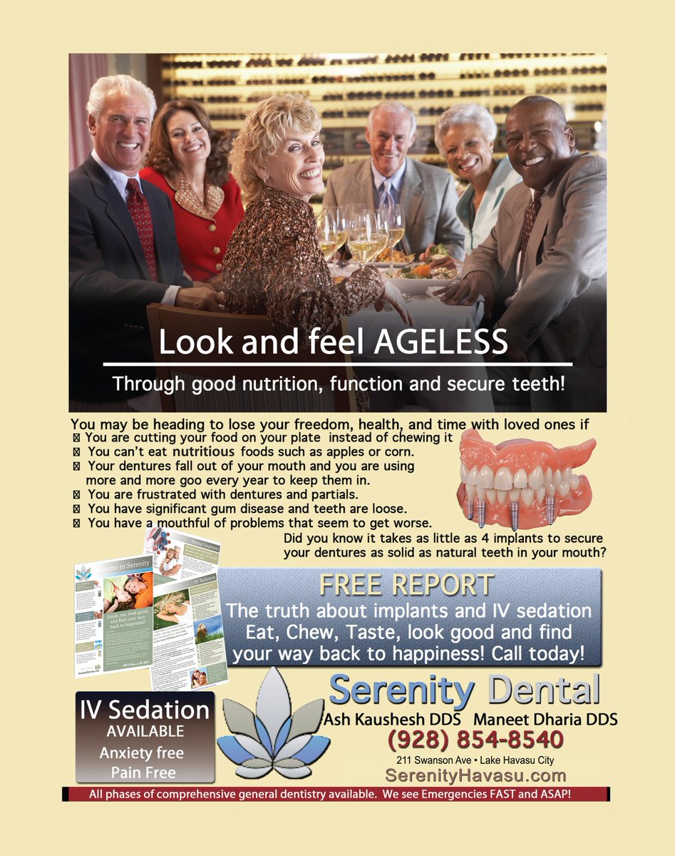 AdsPayUS's tweet photo. Look and Feel #AgeLess! Pain free #dentistry with #SerenityDental #lakehavasu #implants #sedation #chew #secureteeth https://t.co/0g20jFw0ru