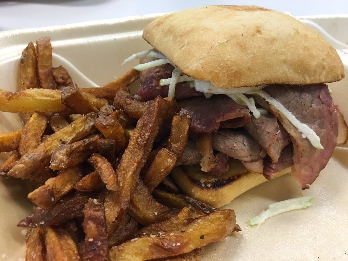 paprause's tweet photo. "The Raven" Brisket Sandwich w/ fries from @CADoodleMoo serving #KeystonePark #RTP 523 Davis Dr https://t.co/ZwetJratJi