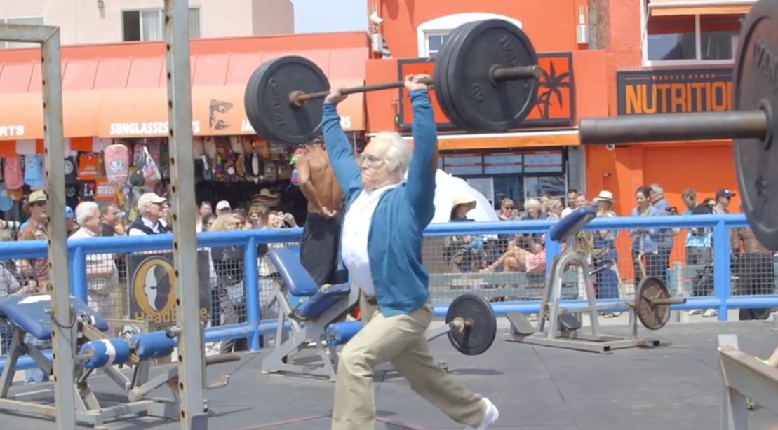 muscle_fitness's tweet photo. WATCH: Kenneth Leverich (strength coach) donned an old man disguise to shock fellow lifters. https://t.co/qMbeCJFUKt https://t.co/THnMInU7oD