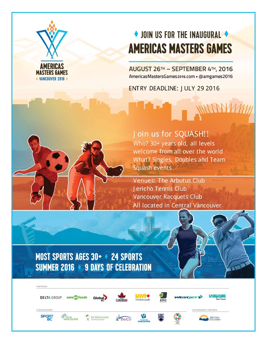 SquashBC's tweet photo. Only 21 days left to register for the Americas Masters Games! https://t.co/YUs6mcuw49 https://t.co/9uabfqyUNk