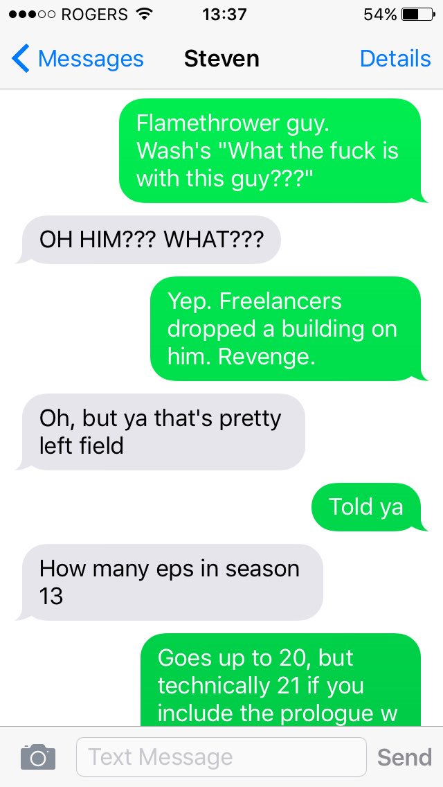 moosemum's tweet photo. It's so fun having @AcornComics live text me while he's watching #RvB13. 😁 @TheMilesLuna @RoosterTeeth https://t.co/1Wa4m4sdkq